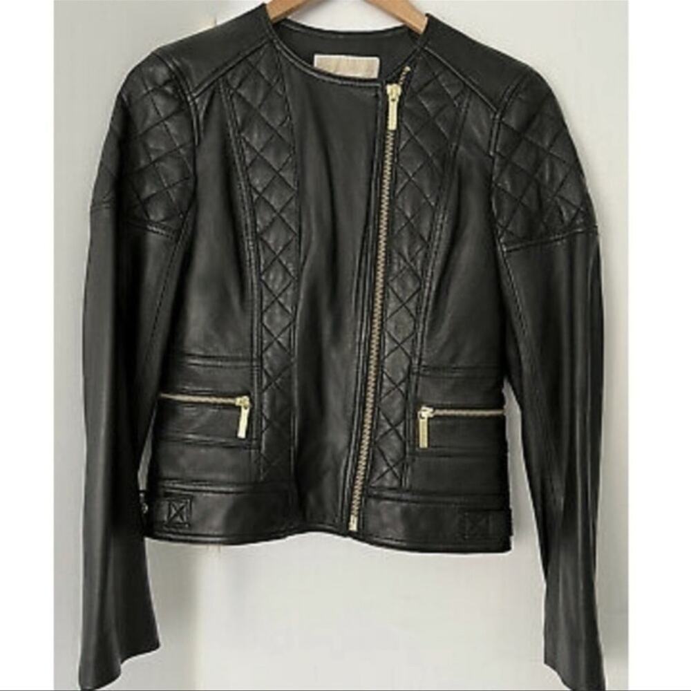 Michael Michael Kors Moto leather Jacket New with Tags Size Large Black Gold